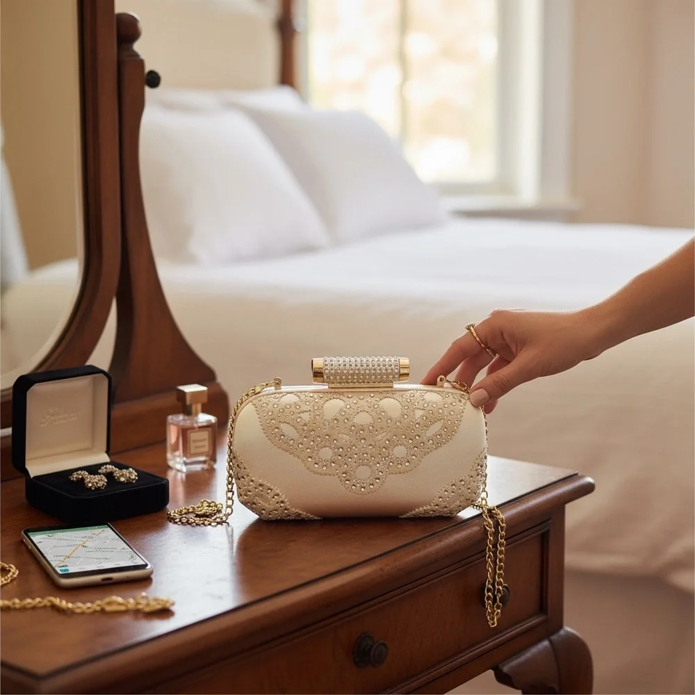 Badgley Mischka Off White Satin Rhinestone Clutch Evening Handbag Chain - Picture 7 of 16